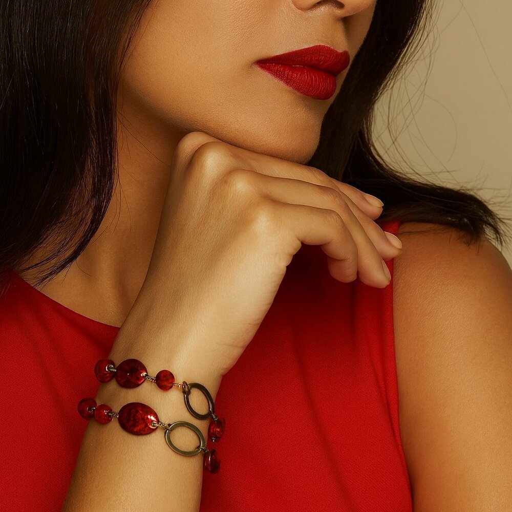 Chico's Style Red Bead & Brass Oval Link‎ Bracelet 7" + 1" Extender